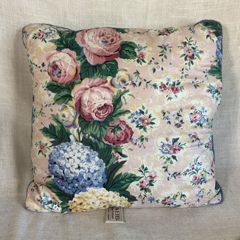 Vintage Waverly Floral Print Pillow Cabbage‎ Rose Hydrangea Pink Blue Trim READ